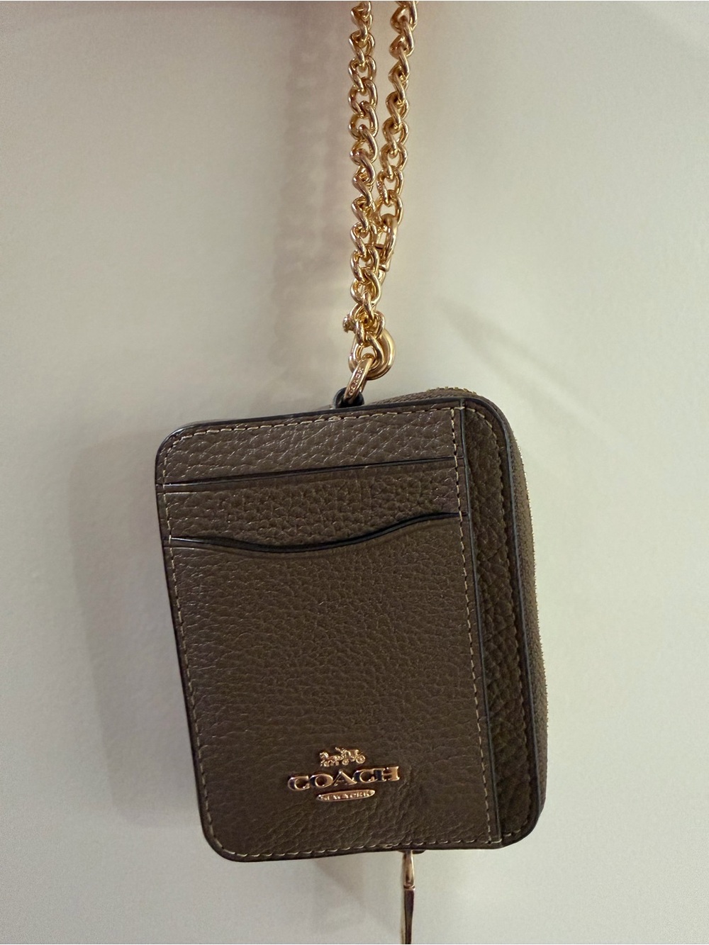 Coach Brown Leather Zip Card Holder with Gold Chain Strap